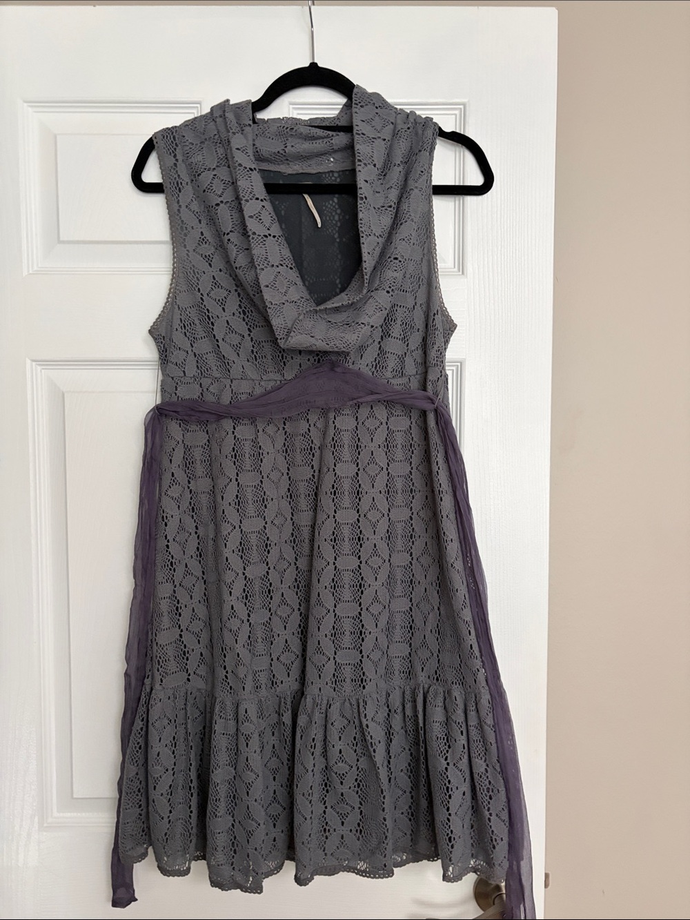 Free People Gray Cowl neck Lace Midi Dress with Purple Sash